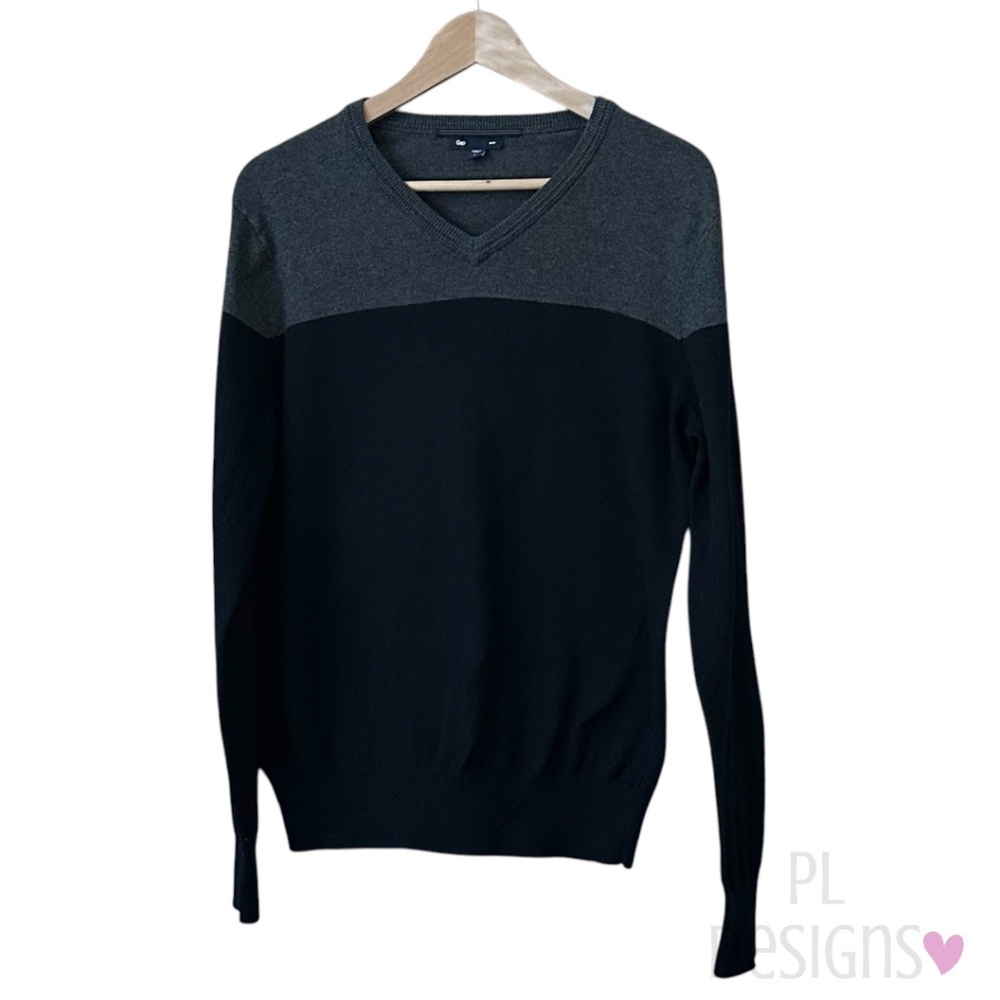 GAP Sweater Men's V-Neck Black Gray Color Block Cotton Long Sleeve Small